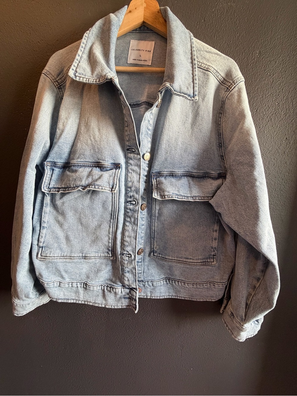Celebrity Pink Faded Light Blue Denim Jacket with Front Flap Pockets